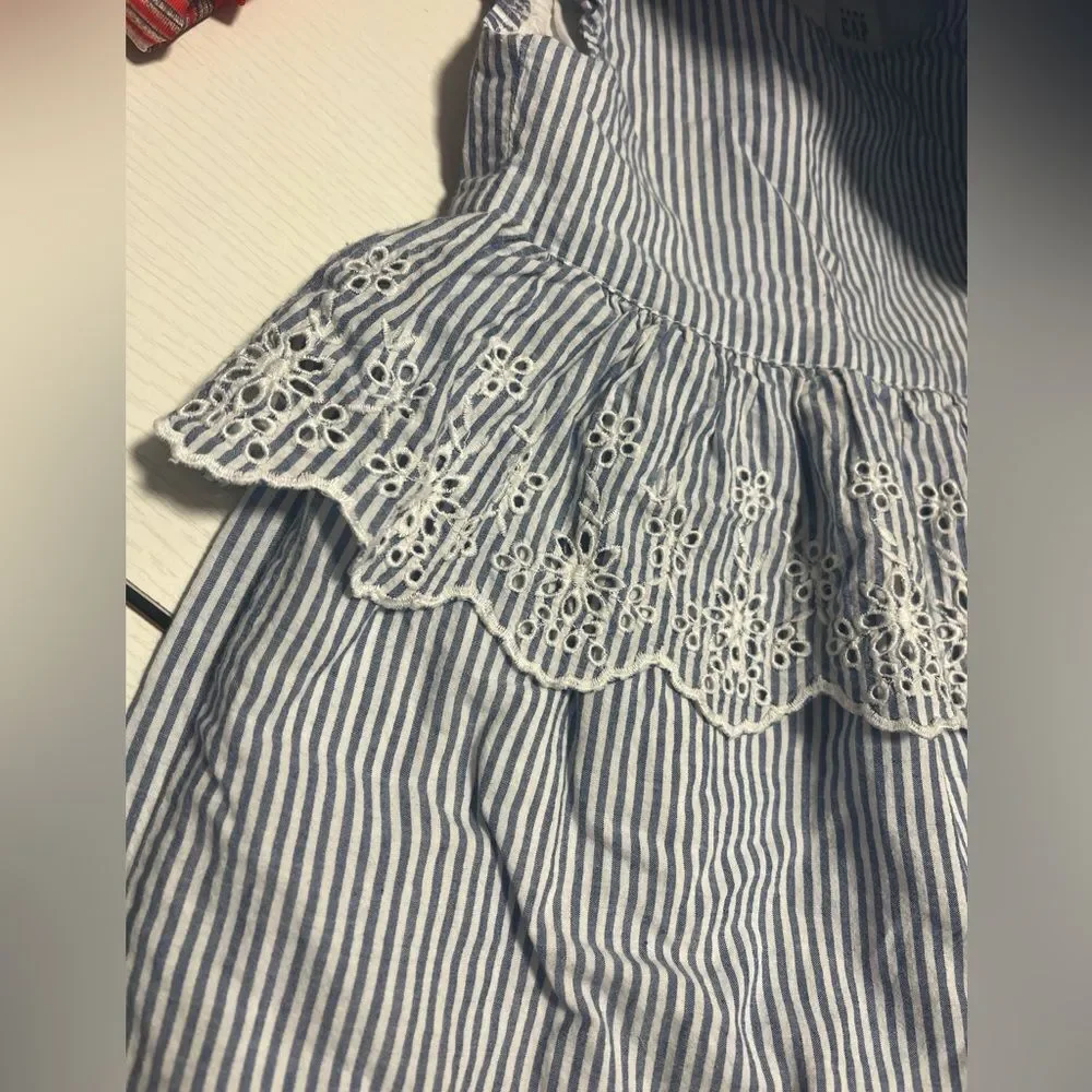 Baby GAP girl white blue stripe eyelet dress 18-24 months